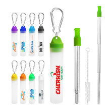 Promotional gift frosty Plastic Tube case with hook pocket 304 steel Cleaner Brush Drinking extendable foldable metal Straw set